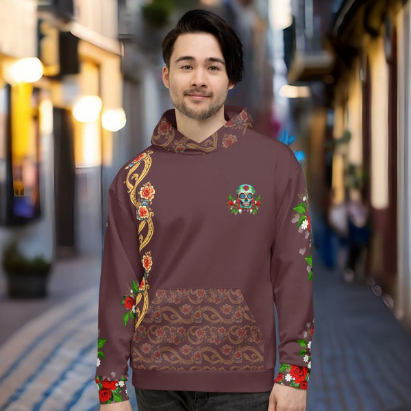 Intricate calaveras design on the Dia de los Muertos Hoodie from Cosmovisions.